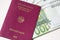 German international traveling passport and euro money.