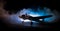 German Junker (Ju-88) night bomber at night. Artwork decoration with scale model of jet-propelled plane in possession