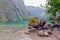 German Konigssee near Berchtesgaden with steep mountains and big rock