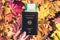 German passport with boarding pass in the woman hand maple leaves background in the autumn forest.  Travel Concept. Top view.