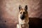 German shepherd catches food on brown studio background. Adorable pet dog eats dry food and poses. Emotional shots with close up