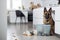 German Shepherd dog causing chaos with litter all over the floor in kitchen. Generative AI