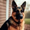 A German shepherd dog in front of the house