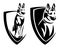 German shepherd guard dog in simple heraldic shield black and white vector emblem