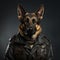 German shepherd in military clothes on a gray background. Studio shot