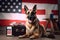 German shepherd portrait lying down and American flag as background, closeup, AI generative content
