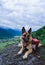 German shepherd with red backpack, dog traveler