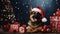 German Shepherd small dog wearing Santa Claus hat with Christmas gifts. German Shepherd. Horizontal Christmas banner poster. AI