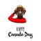 German shorthaired pointer. Happy Canada day. Dog wearing in Royal Canadian Mounted Police form. Greeting card. Vector.