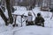 German soldiers with guns in winter reconstruction of World War 2