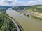 Germany Aerial of the Rhine river in andernach near koblenz viewpoint over village Leutesdorf and the river valley