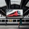 Germany, billboard with offer of 49 euro ticket on a train station with platforms and train. AI generative