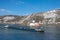 GERMANY.Cargo ship passing castle Pfalzgrafenstein in winter