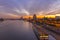 Germany, Cologne Cathedral, Beautiful sunset. The Rhine river, the Ship near the shore