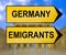 Germany and Emigrants traffic sign with blurred Berlin background