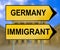 Germany and Immigrant traffic sign with blurred Berlin background