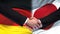 Germany and Japan handshake, international friendship relations, flag background