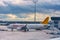 GERMANY, MUNICH - CIRCA 2020: Pegasus Airline Airplane grounded at Munich airport. Airplane grounded due to coronavirus pandemic