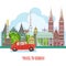 Germany travel poster with red car. Trip architecture concept. Touristic background with landmarks, castles, monuments.