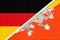 Germany vs Bhutan, symbol of two national flags. Relationship between European and Asian countries