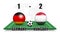Germany vs Hungary . Soccer ball with national flag pattern on perspective football field . Dotted world map background . Football