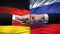 Germany vs Russia conflict, international relations, fists on flag background