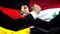 Germany vs Syria confrontation, countries disagreement, fists on flag background
