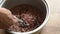 germinated purple brown rice in electric cooker scooping by ladle
