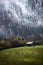 Geroldsee forest during autumn day with first snow and fog, Bavarian Alps, Bavaria, Germany.