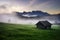 Geroldsee forest with beautiful foggy sunrise over mountain peaks, Bavarian Alps, Bavaria, Germany.