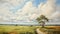 Gestural Landscape Oil Painting With Winding Path And Cumulus Clouds