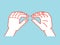 Gesture. Lizard sign. Stylized hand for geek hand game. Icon. Vector illustration on a blue background. Orange lines and