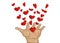 Gesture open palms. From stacked hands fly red heart. Vector