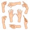 Gestures arms stop, palm, thumbs up, finger pointer, ok, like and pray or handshake, fist and peace or rock n roll