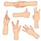 Gestures arms stop, palm, thumbs up, finger pointer, ok, like and pray or handshake, fist and peace or rock n roll