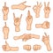 Gestures arms stop, palm, thumbs up, finger pointer, ok, like and pray or handshake, fist and peace or rock n roll
