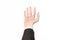 Gestures and Business theme: businessman shows hand gestures with a first-person in a black suit on a white background isolated