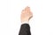 Gestures and Business theme: businessman shows hand gestures with a first-person in a black suit on a white background isolated