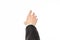 Gestures and Business theme: businessman shows hand gestures with a first-person in a black suit on a white background isolated