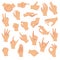 Gesturing hands. Hand with counting gestures, forefinger sign. Open arm showing signal, interactive communication vector