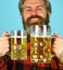 Get drunk. Alcoholic. Thirsty man drinking beer in pub bar. Hipster drink beer. Mature bearded guy hold beer glass