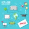 Get a job for begin a career infographic background concept in retro flat style design. Vector illustration