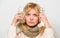 Get rid of flu. Getting fast relief. Ways to feel better fast. Flu home remedies. Woman wear warm scarf because illness