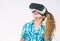 Get virtual experience. Girl cute child with head mounted display on white background. Virtual reality concept. Small