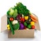 Get your box of organic goodness. Studio shot of a cardboard box filled with fruit and vegetables.