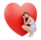 Getting down with love. Portrait of an attractive young woman crouching in front of a giant heart-shaped prop.