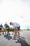 Getting psyched for the race. a group of male runners getting focused before a road race.