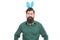 Getting ready for Easter. hipster in rabbit ears. time for fun. serious guy looking funny.