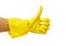 Getting started cleaning. Yellow rubber gloves for cleaning on white background .General or regular cleanup.