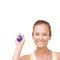 Getting a strong grip. Cropped view of a woman squeezing a stress ball against a white background.